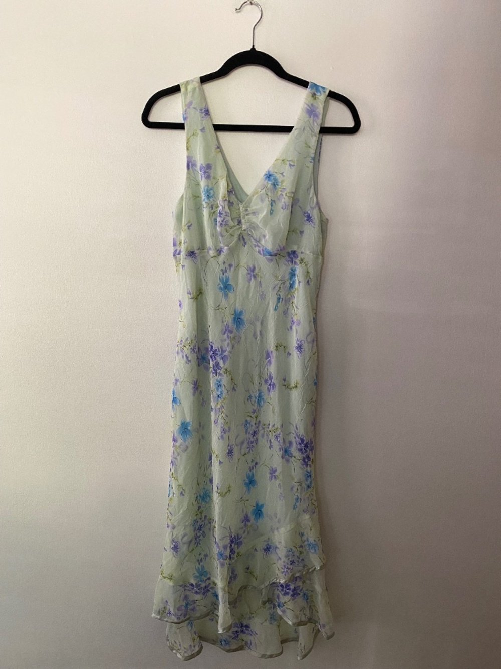 Vintage y2k Pastel Green Floral Tiered Ruffle Dress Size 12 Fairy Boho
